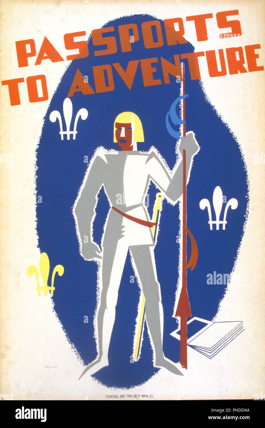 La promotion de la lecture de l'affiche comme moyen pour l'aventure, montrant un chevalier en armure et fleur-de-lis. Banque D'Images