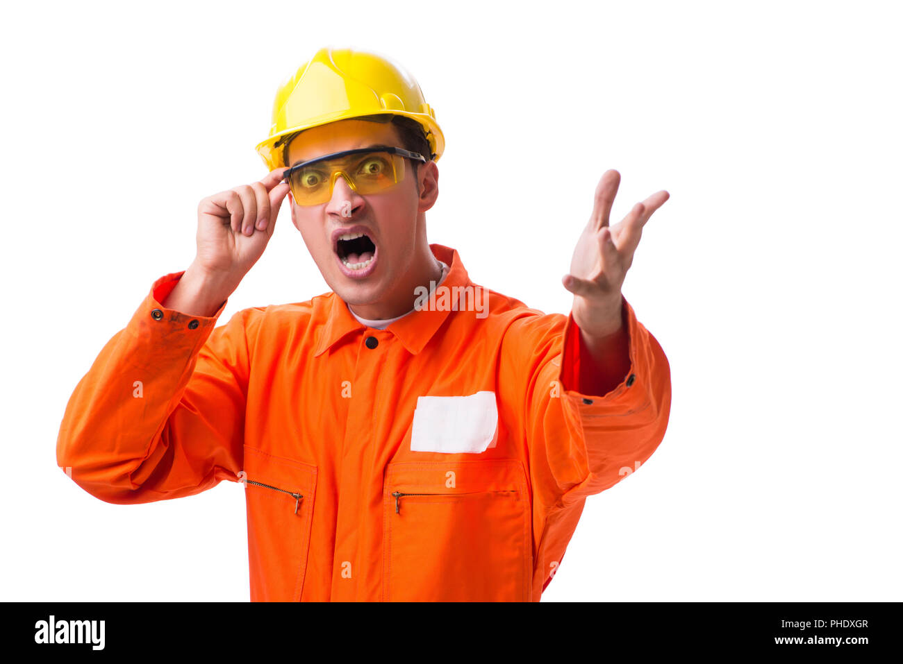 Construction Worker wearing hard hat isolated on white Banque D'Images