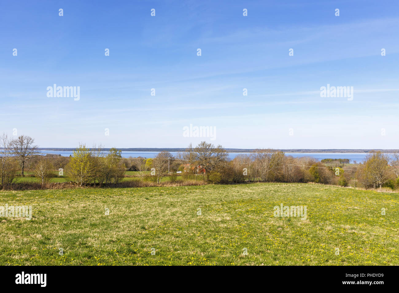 Prairie au printemps avec un paysage avec un lac Banque D'Images