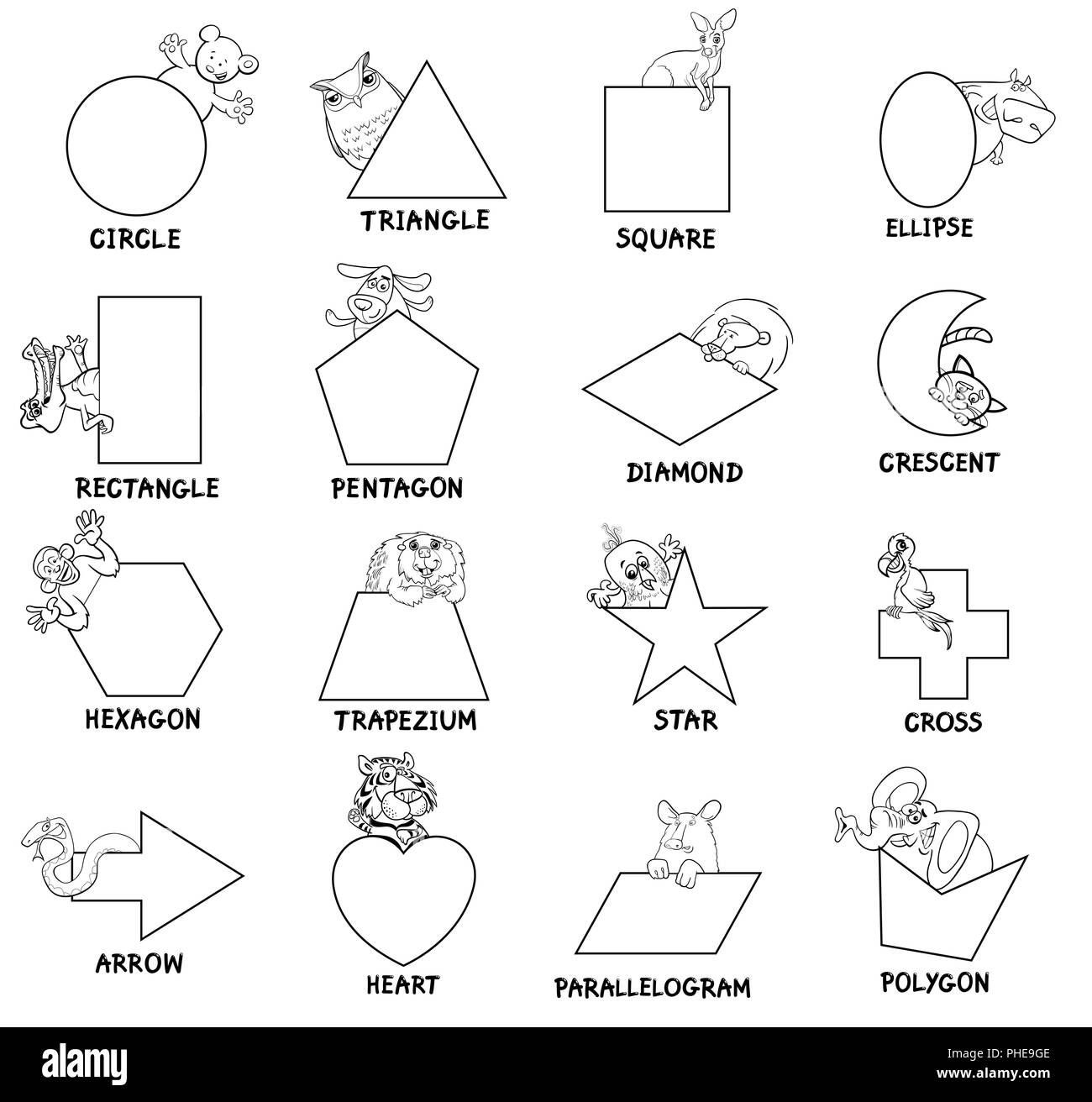 Formes géométriques en noir et blanc avec des animaux Banque D'Images