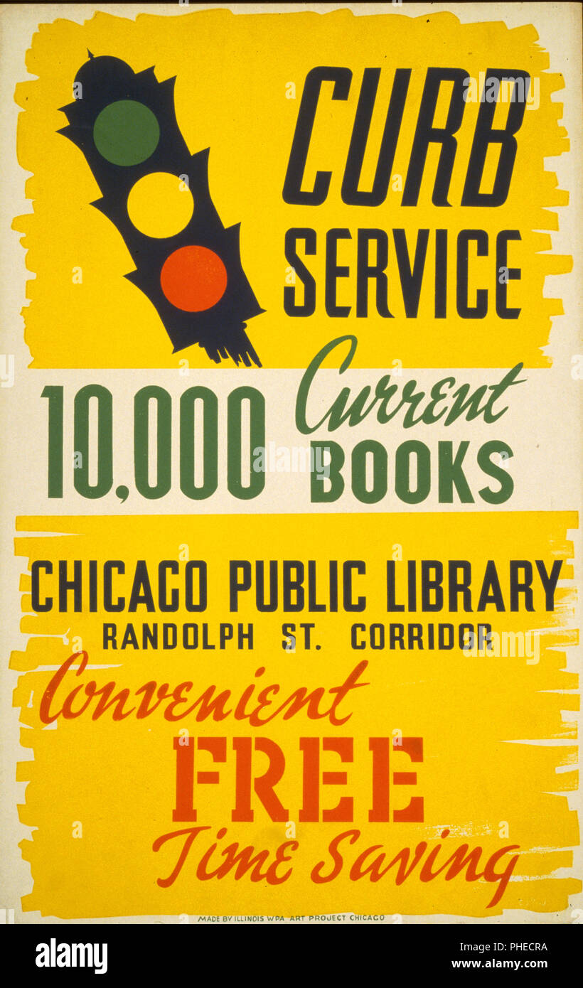 Affiche pour le service de bibliobus de la Bibliothèque publique de Chicago, montrant un feu de circulation. Banque D'Images