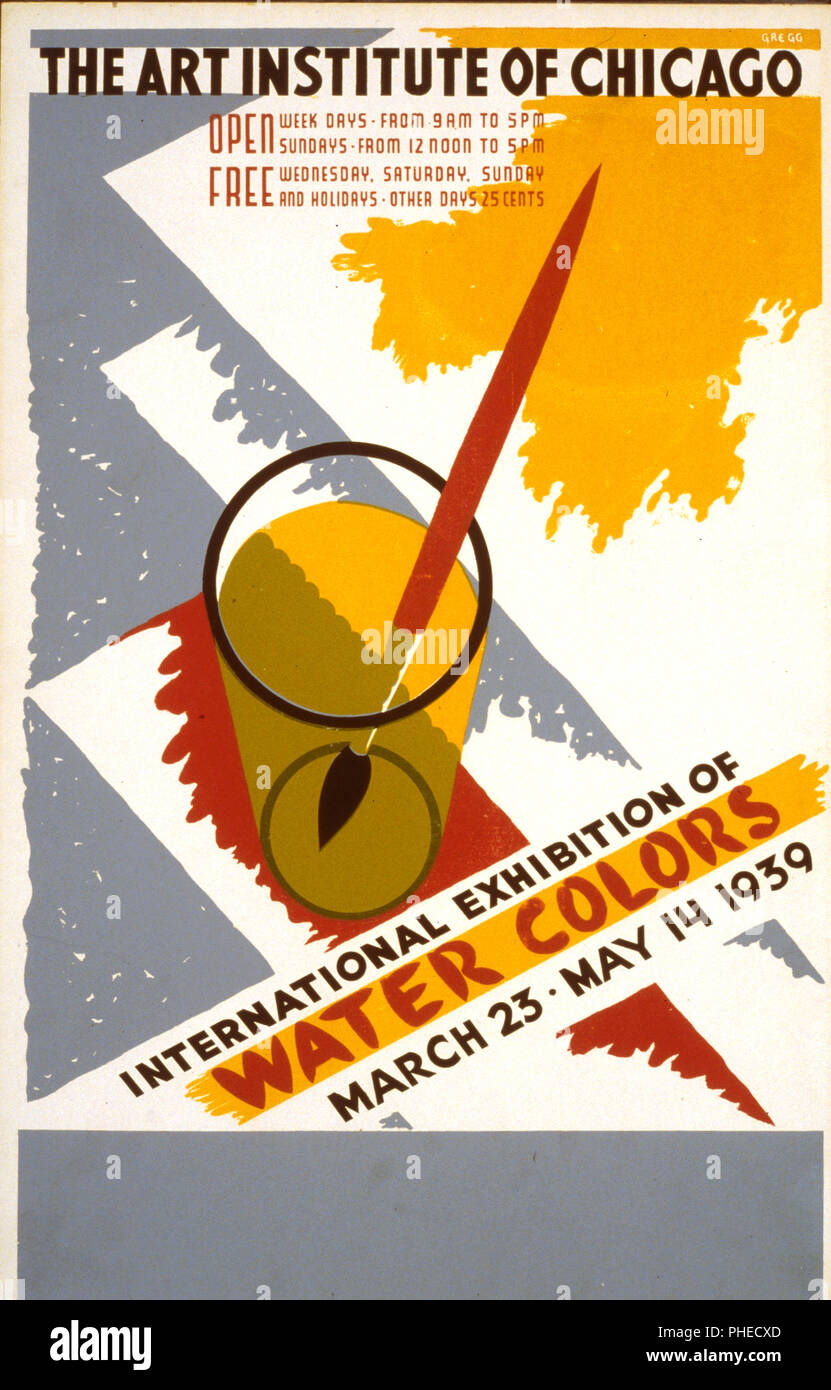 Affiche pour l'exposition d'aquarelles à l'Art Institute of Chicago, montrant un pinceau dans un verre d'eau. Banque D'Images