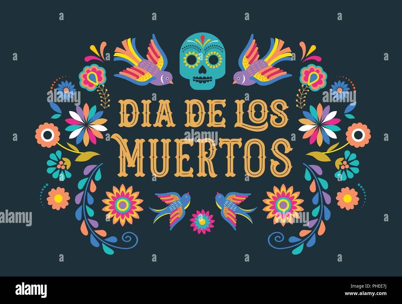 Fête des morts, Dia de los, moertos avec bannière fleurs mexicaines colorées. Fiesta, maison de vacances, partie de l'affiche flyer, cartes de vœux Illustration de Vecteur