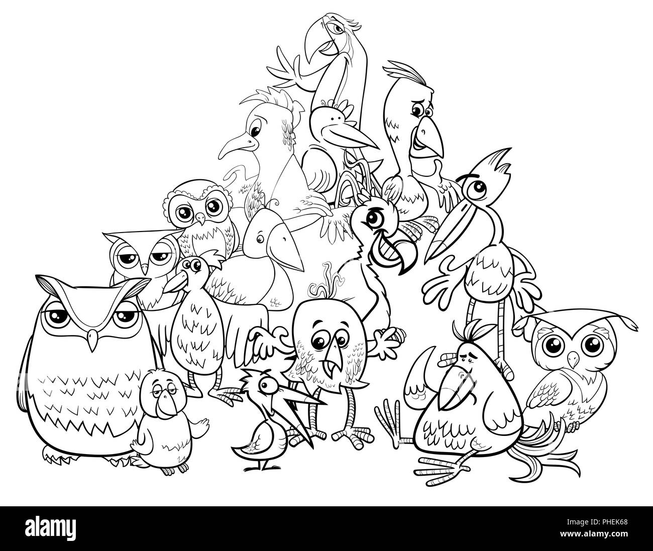 Groupe d'oiseaux cartoon illustration Coloring Book Banque D'Images