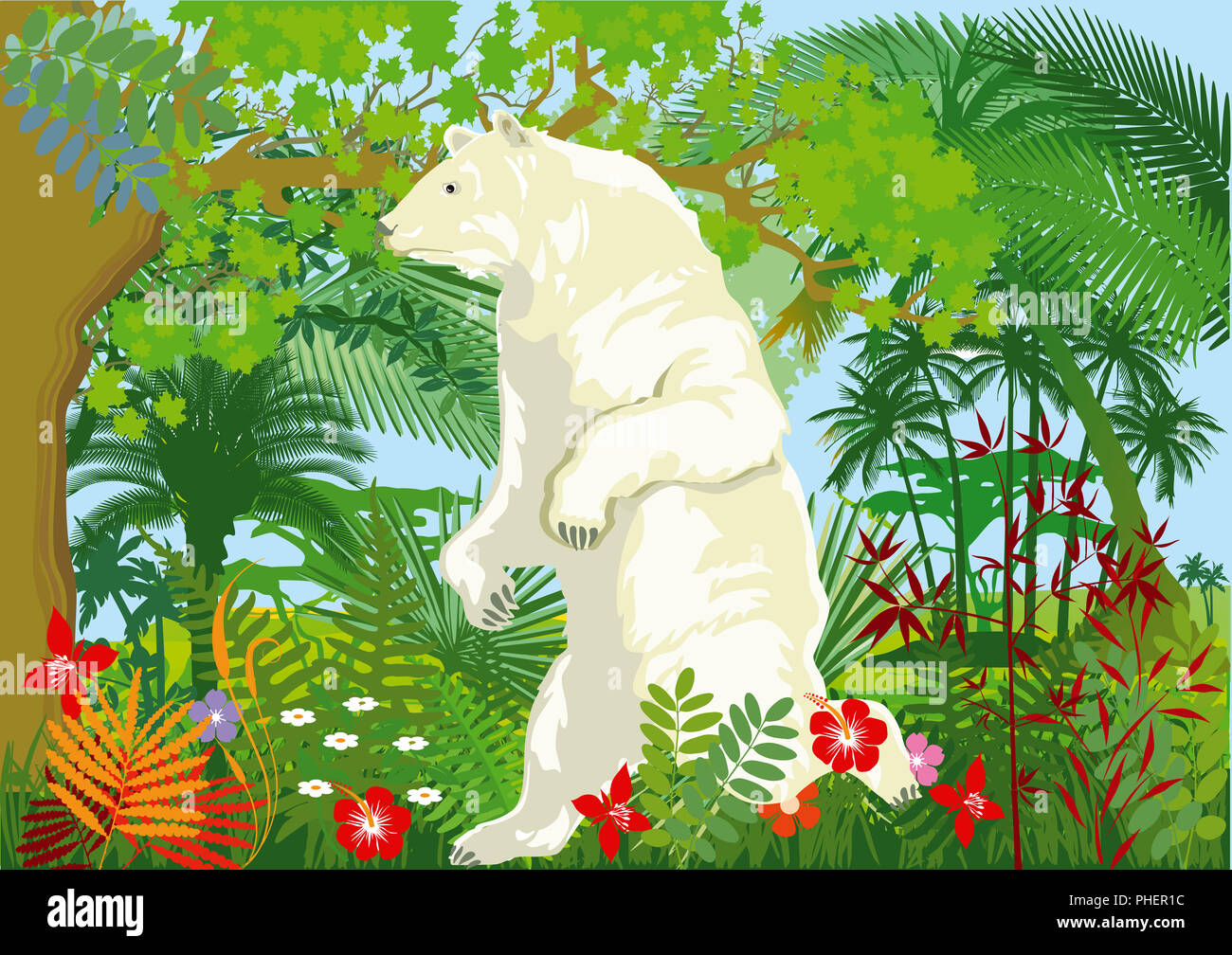 Le réchauffement climatique avec l'ours polaire dans la jungle, illustration Banque D'Images