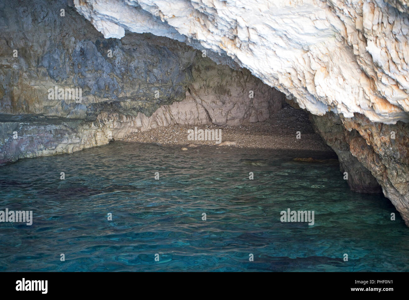 Phoque moine de Méditerranée grotte avec plage (Monachus monachus) Banque D'Images