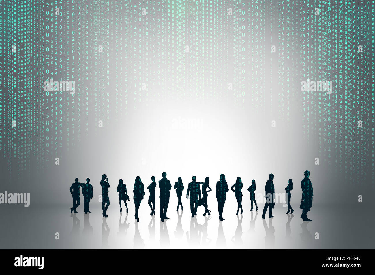 Silhouettes de gens d'affaires apparut à travers le code matriciel. Banque D'Images