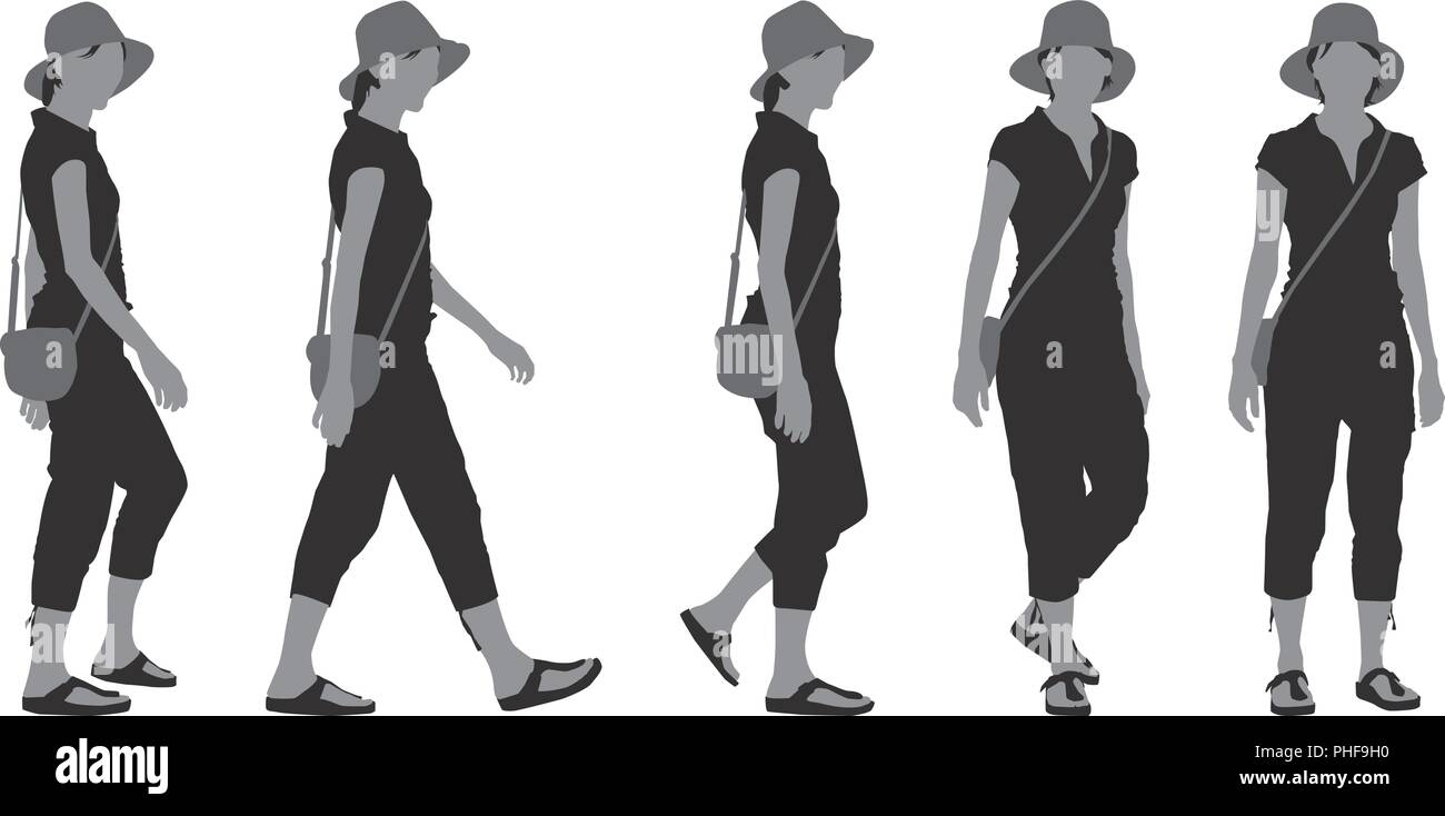 Télévision réaliste illustration d'une jeune femme décontractée marche avec chapeau Illustration de Vecteur