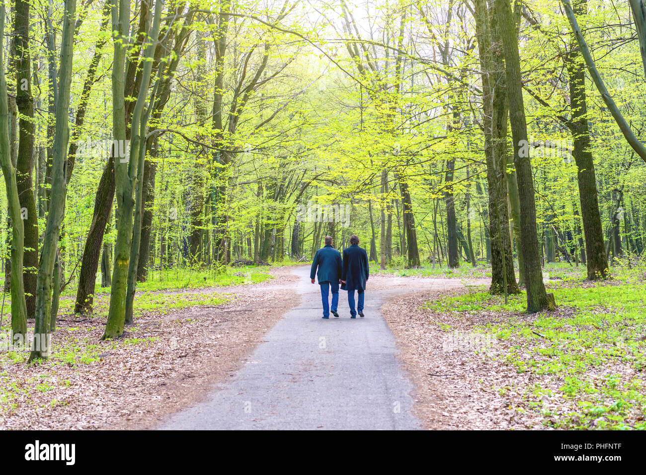 Deux hommes walking in park Banque D'Images