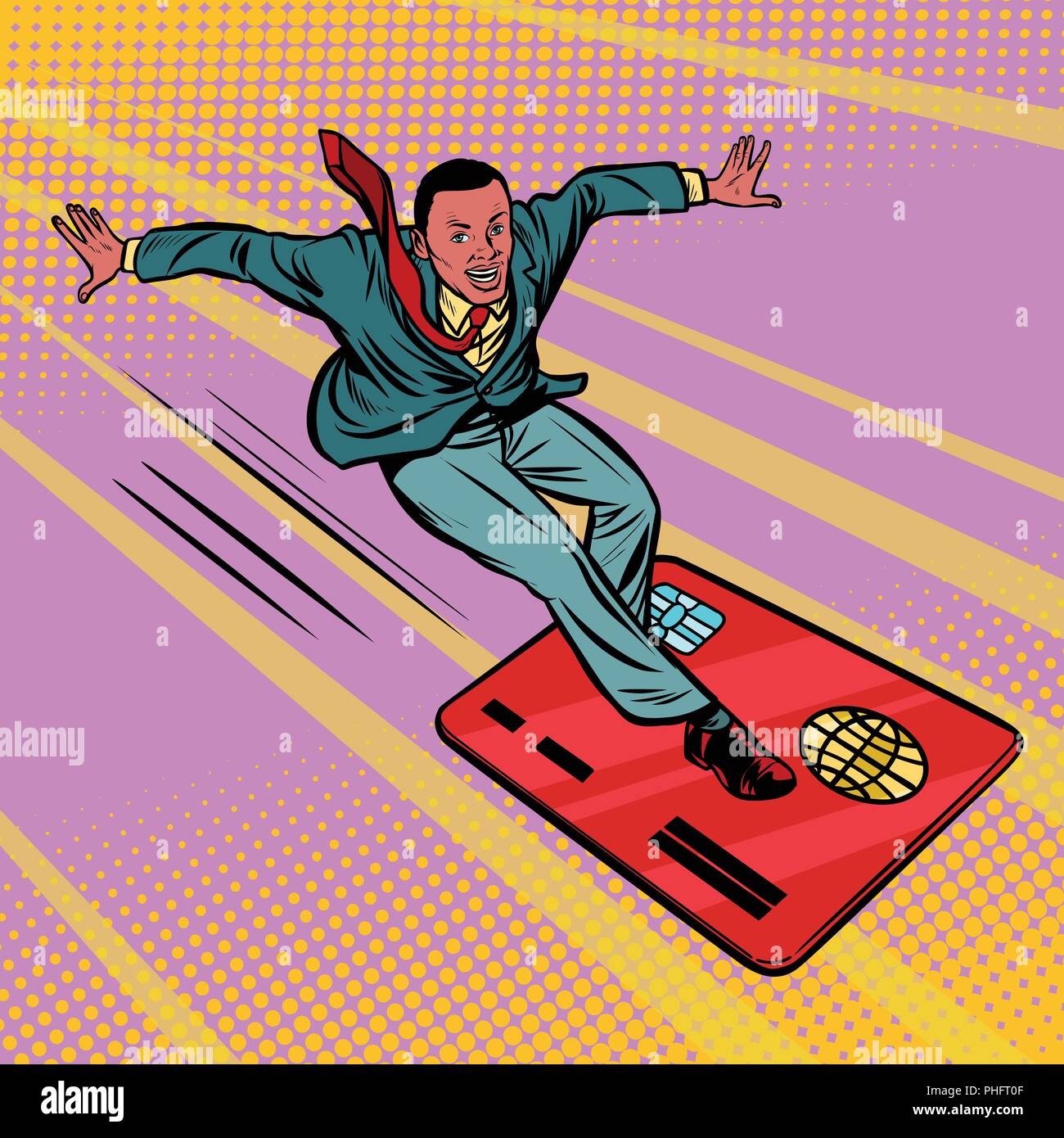 Homme d'affaires et carte bancaire. Vitesse de sports extrêmes sur le Conseil. Peuple afro-américain. Comic cartoon retro pop art dessin illustration vectorielle Illustration de Vecteur