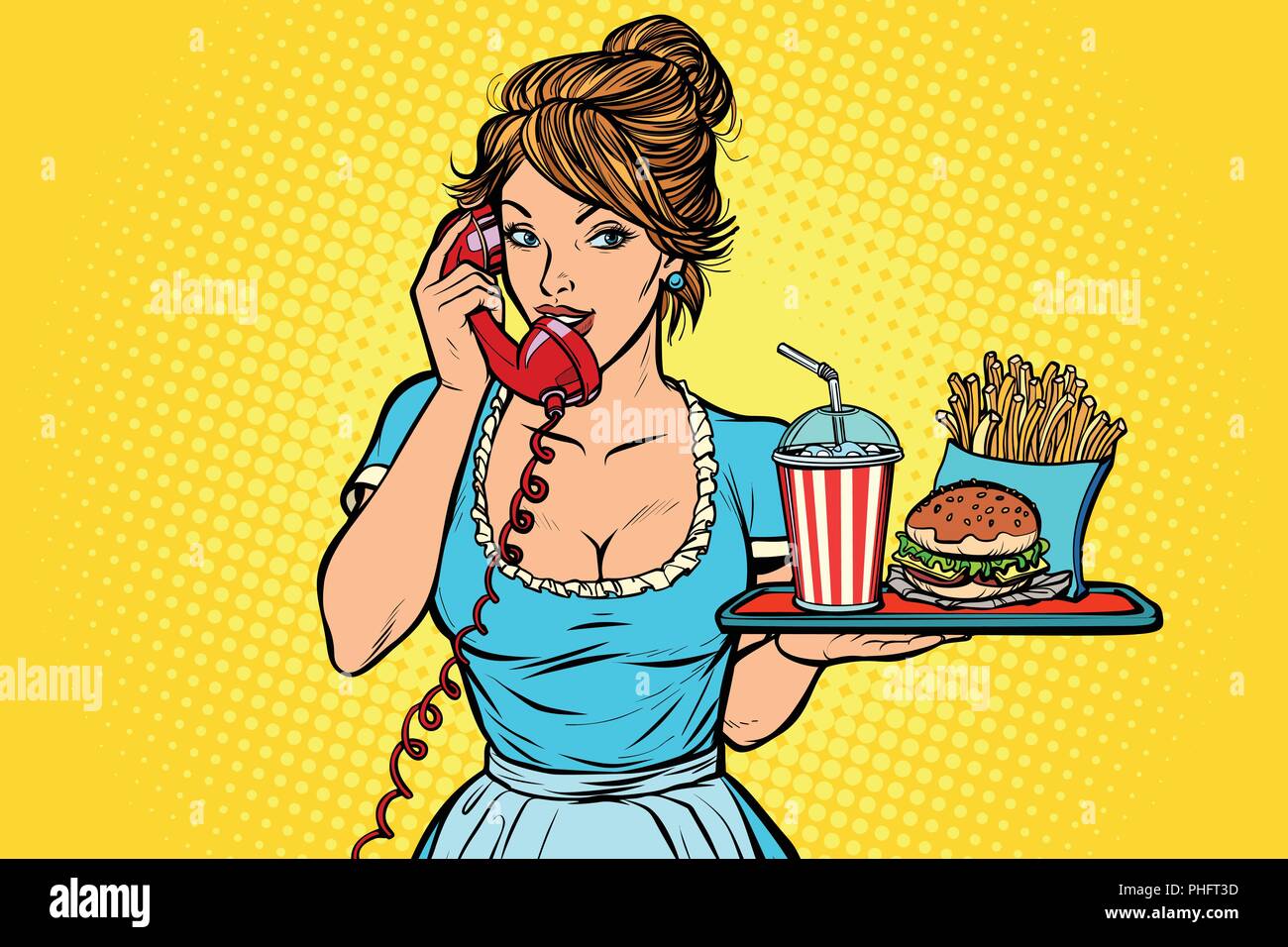 La livraison. Service de l'hôtel. Serveuse. restauration rapide sur un bac. Comic cartoon retro pop art dessin vectoriel Illustration de Vecteur