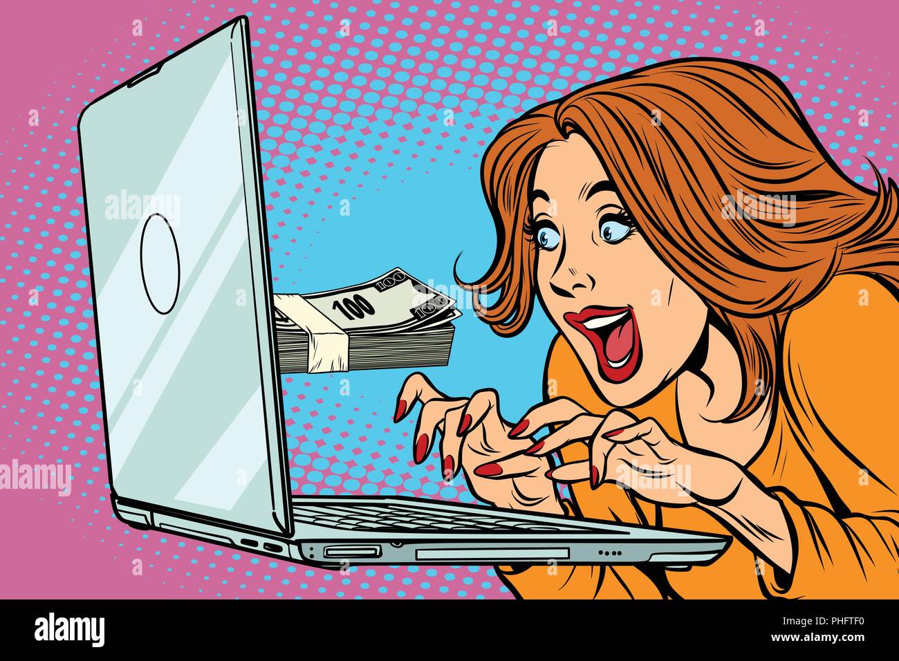 E-revenus concept. Femme à l'ordinateur. Offres de travail. Comic cartoon retro pop art dessin illustration vectorielle Illustration de Vecteur