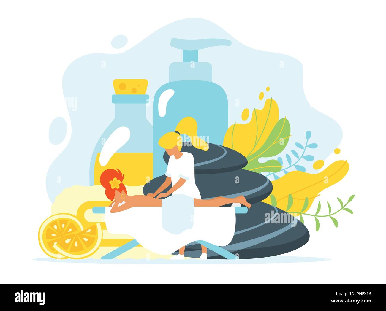 Vector illustration style plat de jeune femme dans spa salon, étendu sur la table de massage. Cosmétiques Bio, zen stones et éléments floraux au backgroun Illustration de Vecteur