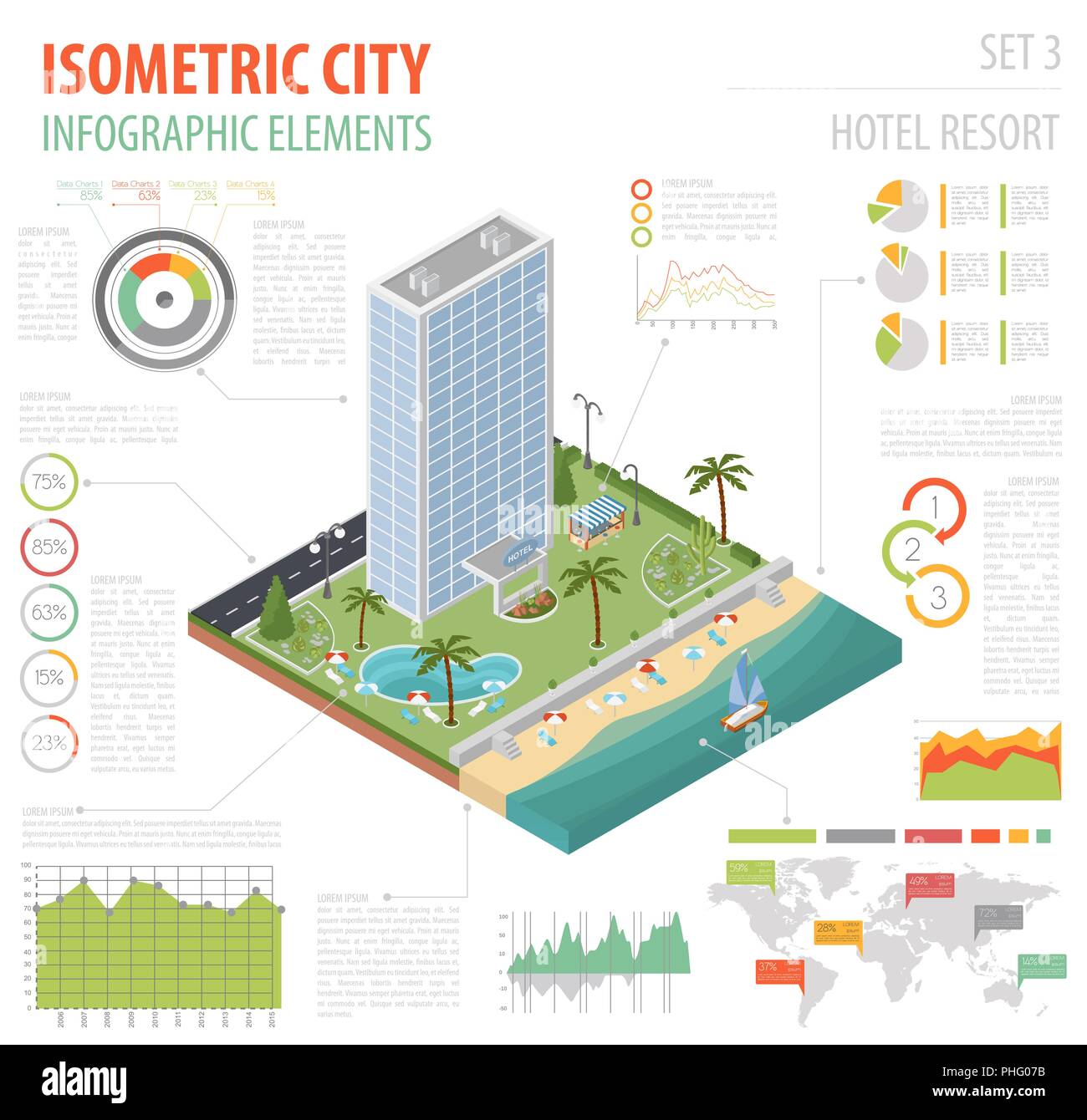 Télévision 3D isométrique resort hotel et plan de ville éléments constructeur tels que le bâtiment, plage, piscine, jardin, bar, nature isolé sur blanc. Construire Illustration de Vecteur
