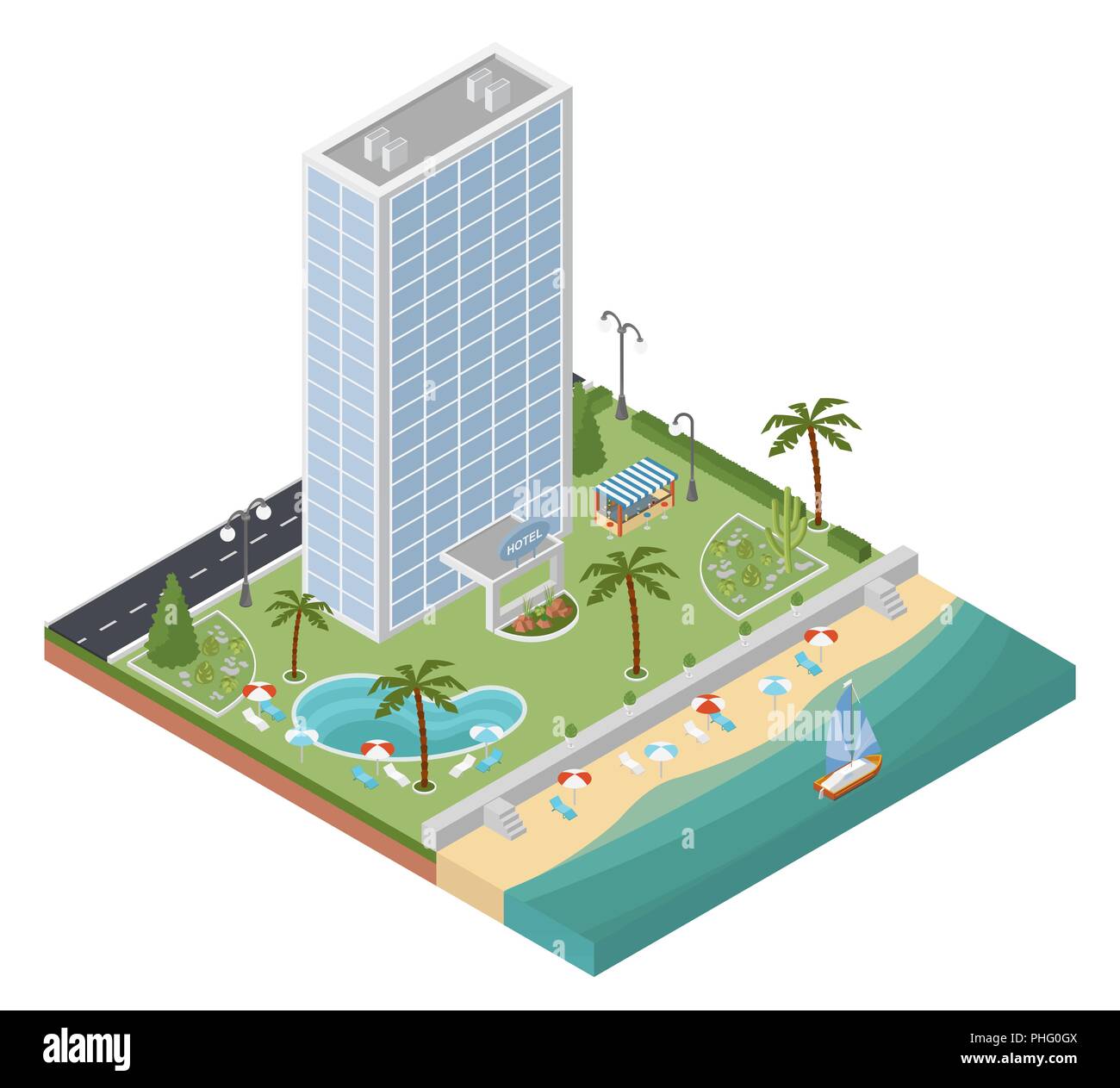 Télévision 3D isométrique resort hotel et plan de ville éléments constructeur tels que le bâtiment, plage, piscine, jardin, bar, nature isolé sur blanc. Construire Illustration de Vecteur