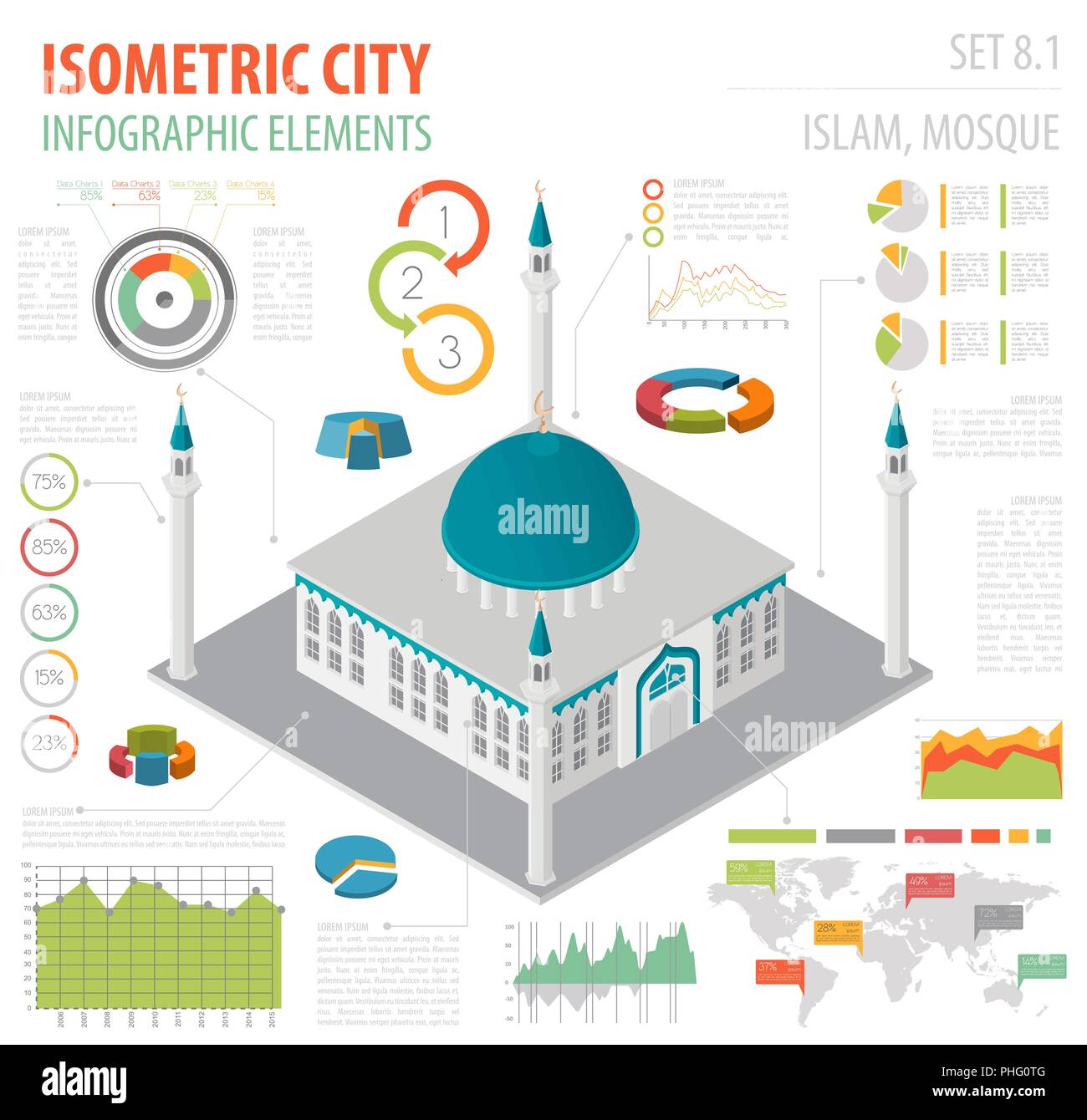 Télévision 3D isométrique mosquée islamique et plan de la ville d'éléments de construction tels que le bâtiment, minaret, jardin isolé sur blanc. Construire votre propre infographie co Illustration de Vecteur