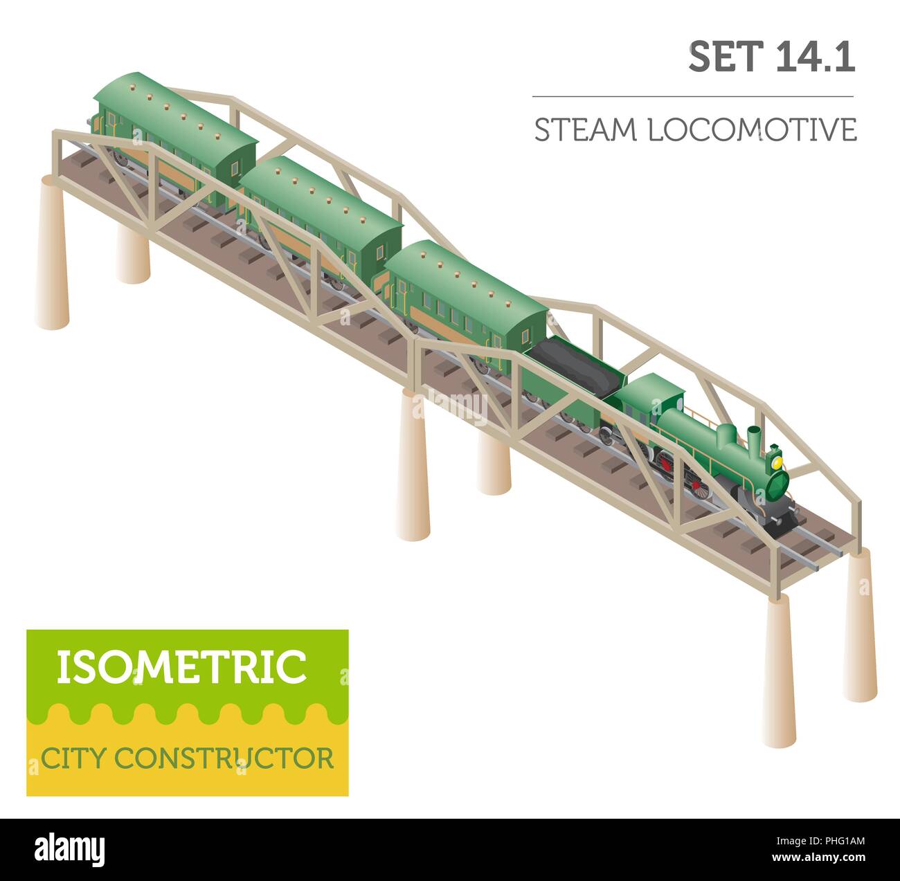 Rétro en 3D isométrique avec chemin de fer locomotive à vapeur et des voitures. Plan de la ville éléments constructeur. Construire votre propre infographie collection. Vector illustrat Illustration de Vecteur