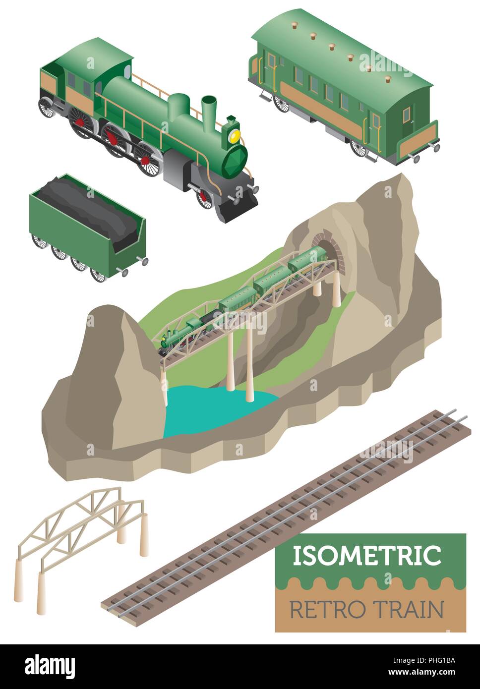 Rétro en 3D isométrique avec chemin de fer locomotive à vapeur et des voitures. Plan de la ville éléments constructeur. Construire votre propre infographie collection. Vector illustrat Illustration de Vecteur