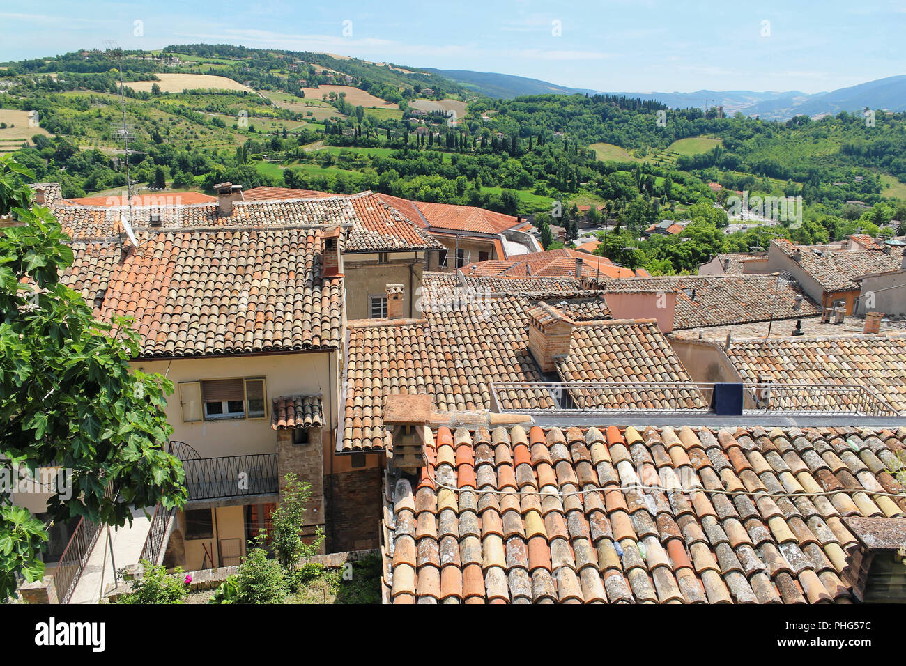 Les montagnes et les toits jardins d'olive Banque D'Images