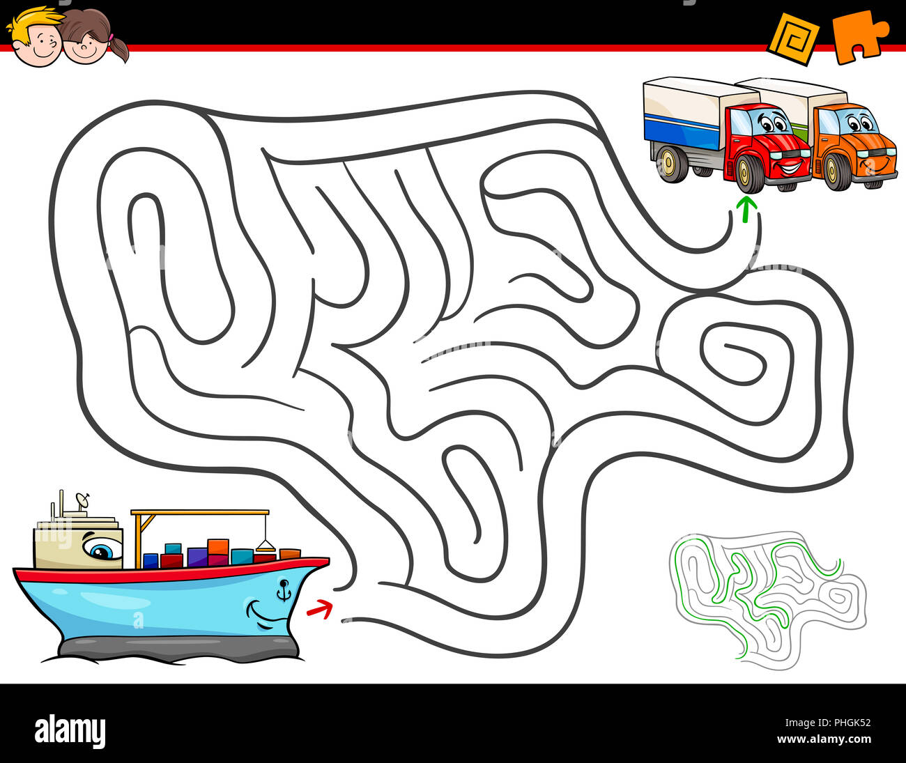 Cartoon labyrinthe activité avec bateau et camions Banque D'Images