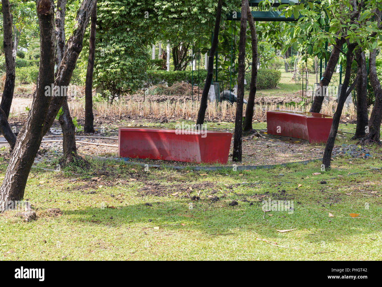 Banc rouge en plastique ont été abandonnés dans la zone de jardin du parc urbain. Banque D'Images