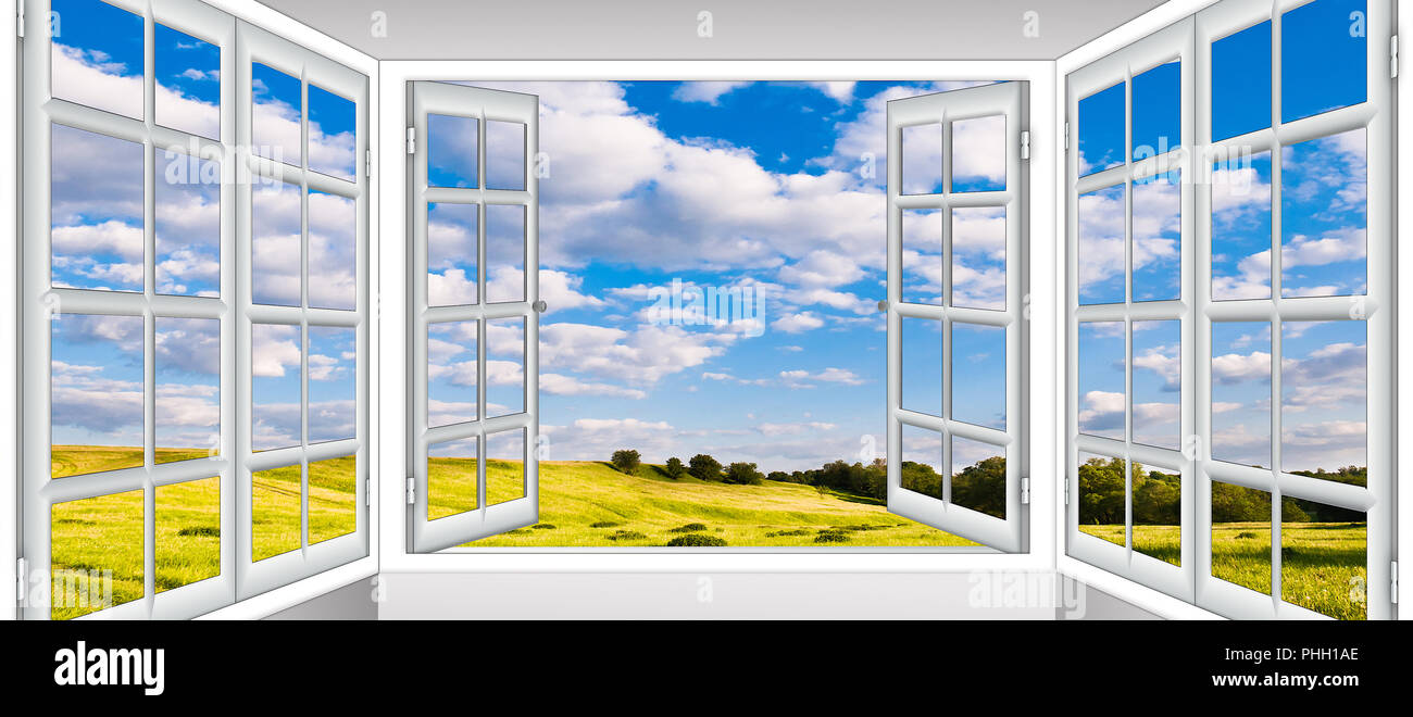 Nature Paysage avec fenêtre avec des rideaux Banque D'Images