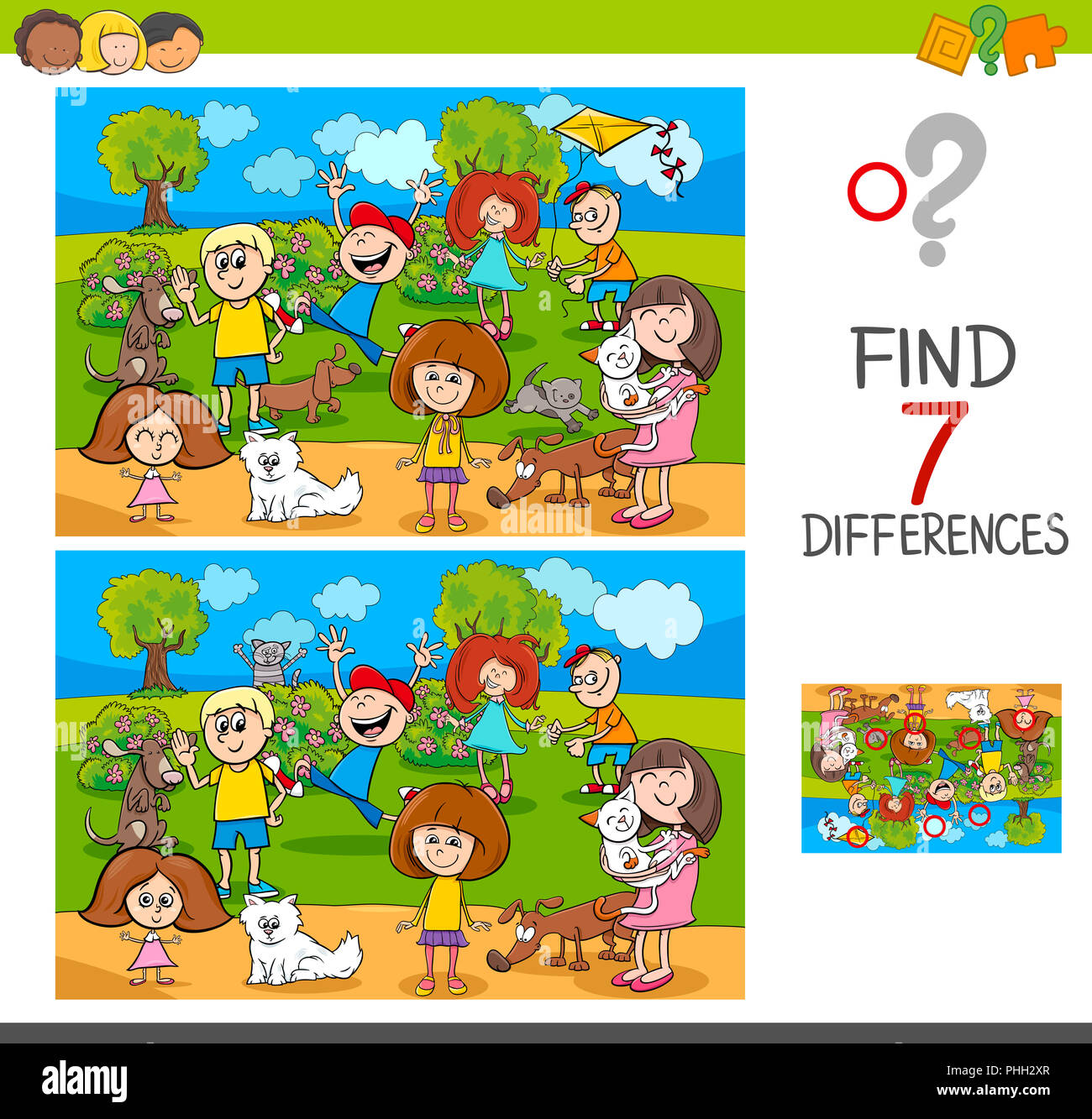 Trouver des différences avec les enfants et animaux domestiques personnages Banque D'Images