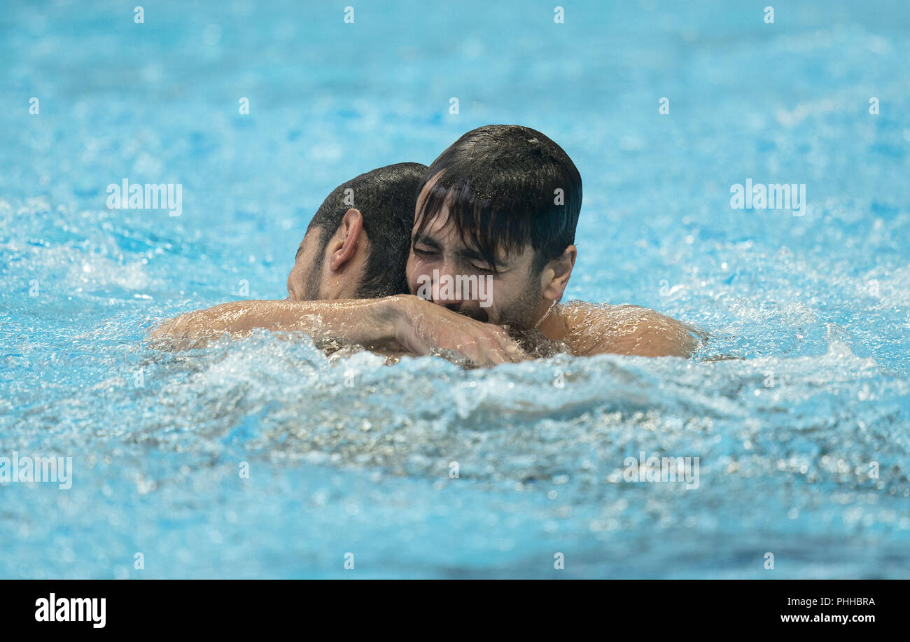 (180901) -- JAKARTA, 1 septembre 2018 (Xinhua) -- Les joueurs d'Iran célébrer après le water-polo men's match pour la médaille de bronze entre l'Iran et la Chine lors de la 18e Jeux asiatiques à Jakarta, Indonésie le 1 septembre 2018. (Xinhua/Fei Maohua) Banque D'Images