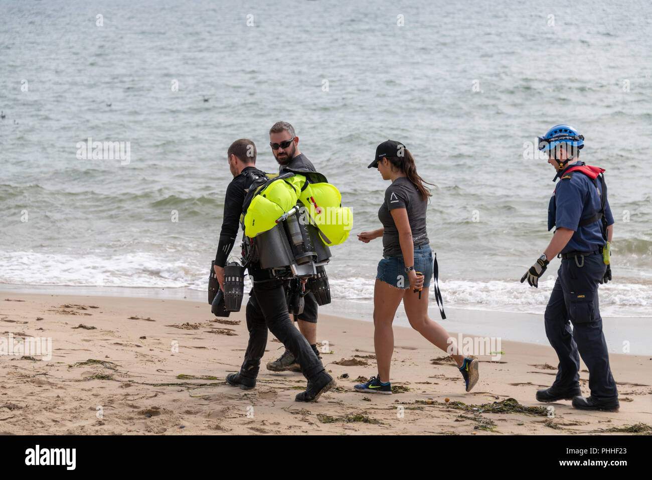 Bournemouth, Royaume-Uni. 1er septembre 2018. Richard Browning, le fondateur de gravité Industries, a un dysfonctionnement à Bournemouth Air Festival et finit par s'écraser dans la mer dans son jet de même. Il n'est pas blessé et s'en va avec une pièce d'équipement très humide. Une partie de l'air Festival annuel à Bournemouth, Dorset. Crédit : Thomas Faull/Alamy Live News Banque D'Images