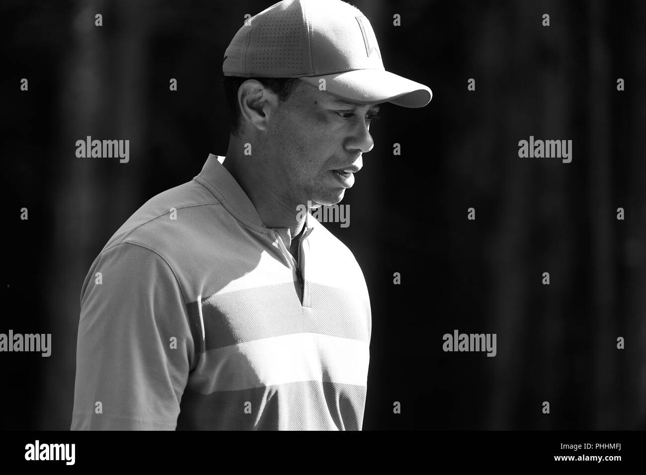 Noir et blanc. Du 1er septembre 2018. Tiger Woods, de l'United States, chefs de la 11e té au cours du deuxième tour de la PGA Championship Golf Technologies Dell tournoi organisé à PTC à Norton, Boston MA. Eric Canha/Cal Sport Media.(NOTE de l'ÉDITEUR : Cette image a été convertie en noir et blanc. Credit : csm/Alamy Live News Banque D'Images