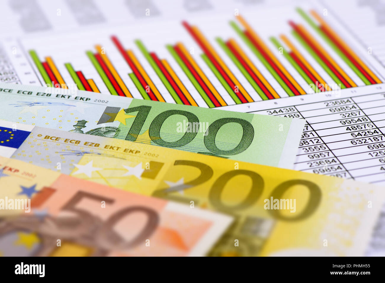 Billets de monnaie européenne portant sur un tableau de stock market Banque D'Images