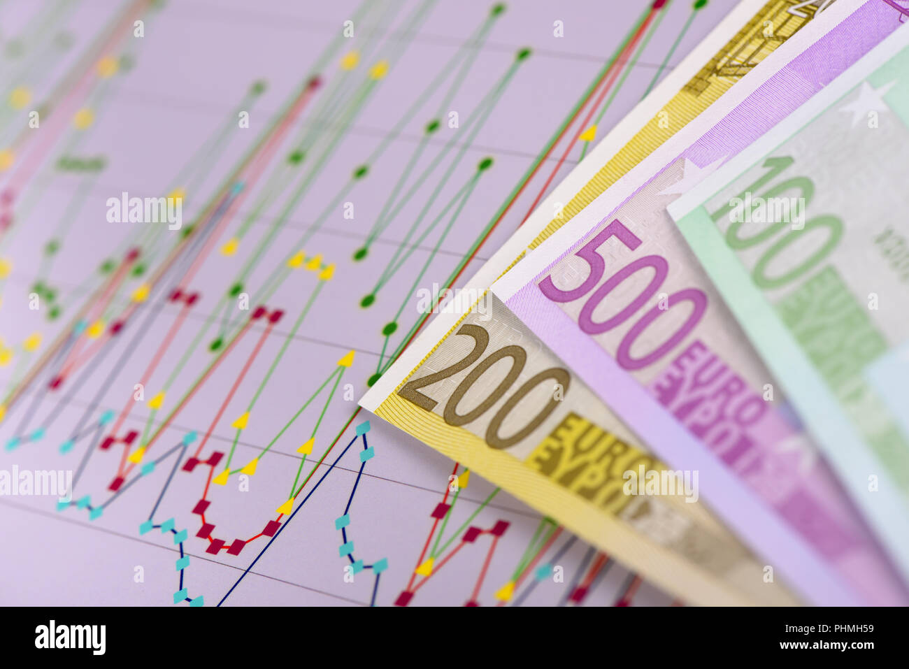 Billets de monnaie européenne portant sur un tableau de stock market Banque D'Images