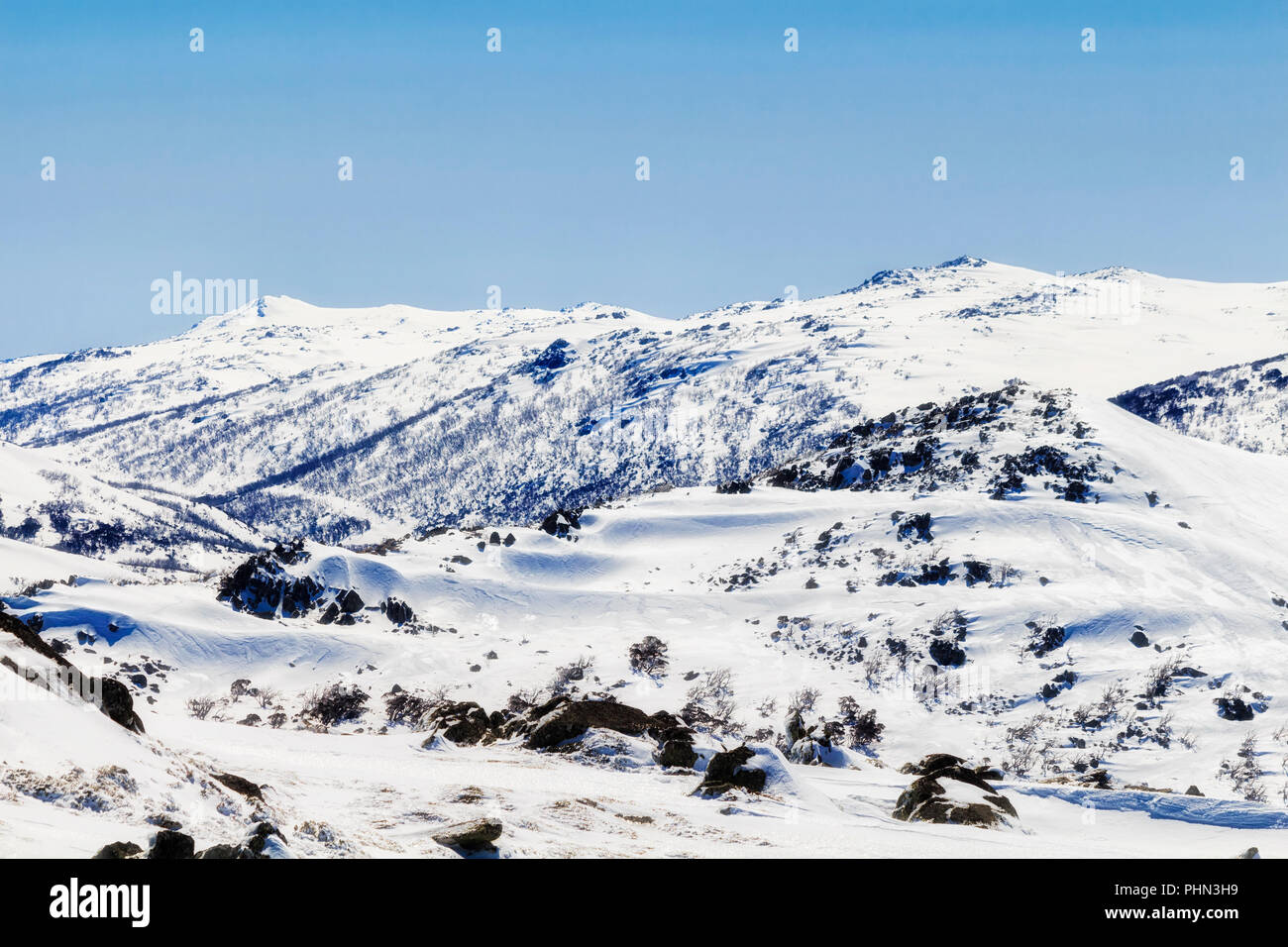 Perisher mountain peak et retour à proximité s'étend autour de Perisher valley haut dans les montagnes enneigées de l'Australie dans leur beauté pendant la saison d'hiver avec lo Banque D'Images