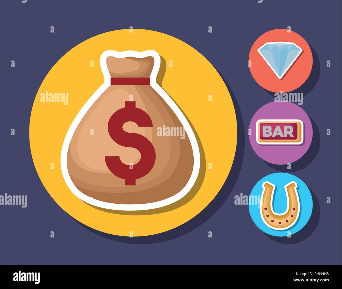 Sac d'argent et de casino sur les icônes cercles colorés sur fond bleu, vector illustration Illustration de Vecteur