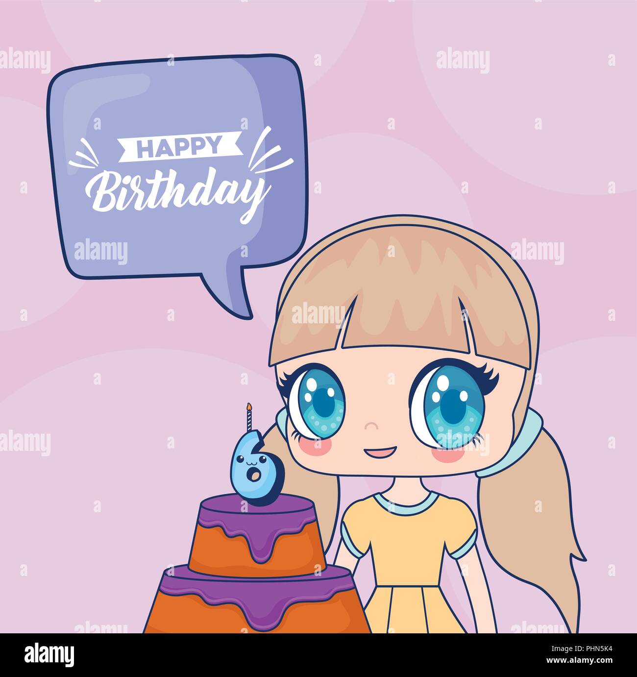 Joyeux Anniversaire Avec Un Gateau D Anniversaire Et Kawaii Anime Girl Icone Sur Fond Violet Design Colore Vector Illustration Image Vectorielle Stock Alamy
