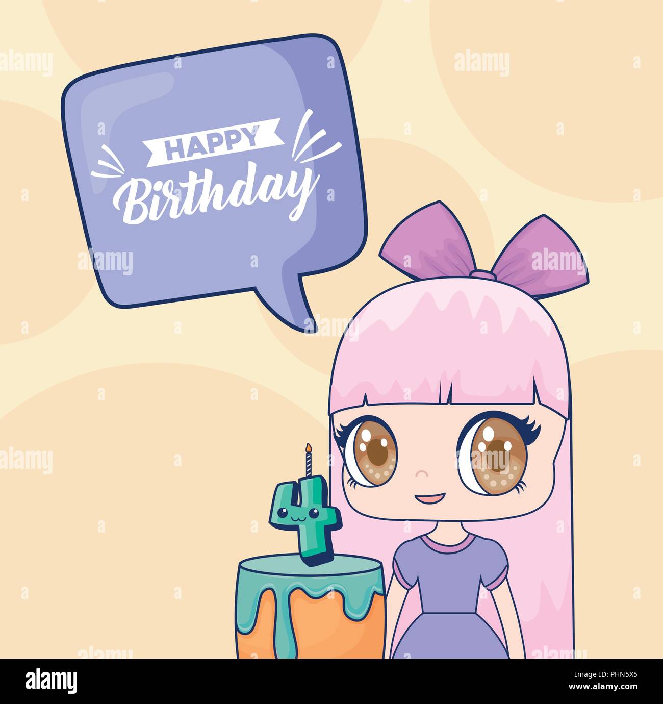 Joyeux Anniversaire Avec Un Gateau D Anniversaire Et Kawaii Anime Girl Icone Sur Fond Jaune Design Colore Vector Illustration Image Vectorielle Stock Alamy