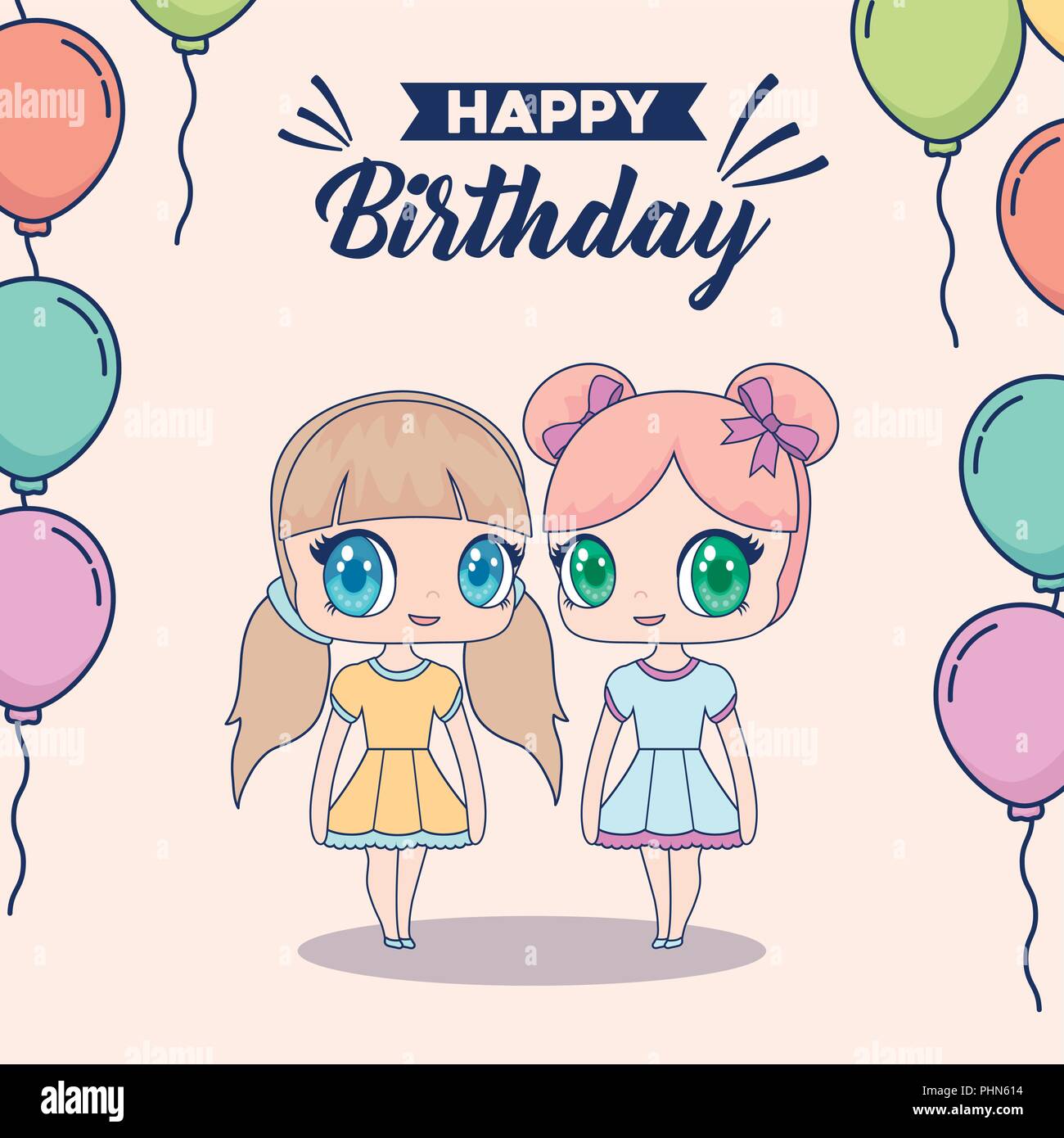 Joyeux Anniversaire Conception Avec Ballons Colores Et Kawaii Anime Girls Icone Sur Arriere Plan Vector Illustration Image Vectorielle Stock Alamy