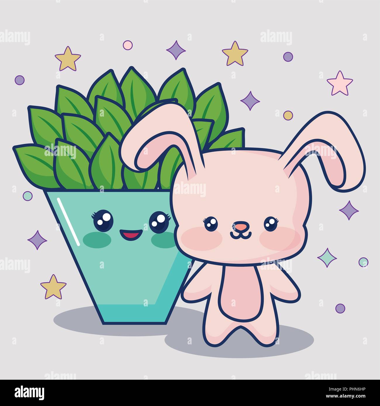 Lapin mignon et cactus pot icône sur fond gris, design coloré. vector illustration Illustration de Vecteur