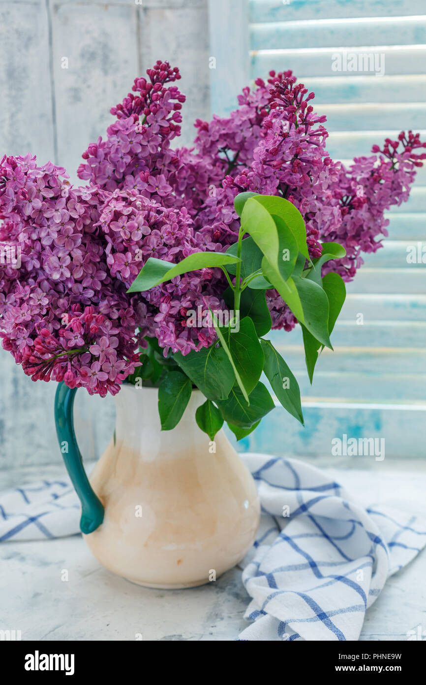 Bouquet de lilas dans un pichet par la fenêtre. Banque D'Images