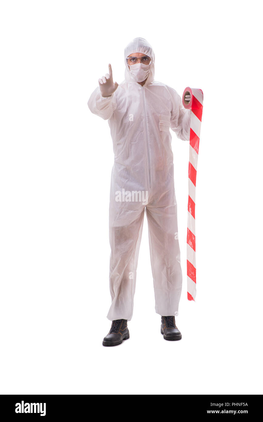 Spécialiste de médecine légale in protective suit isolated on white Banque D'Images