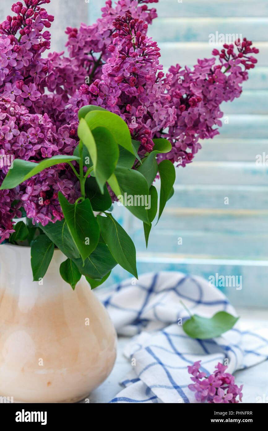 Bouquet de lilas dans un pichet par la fenêtre. Banque D'Images