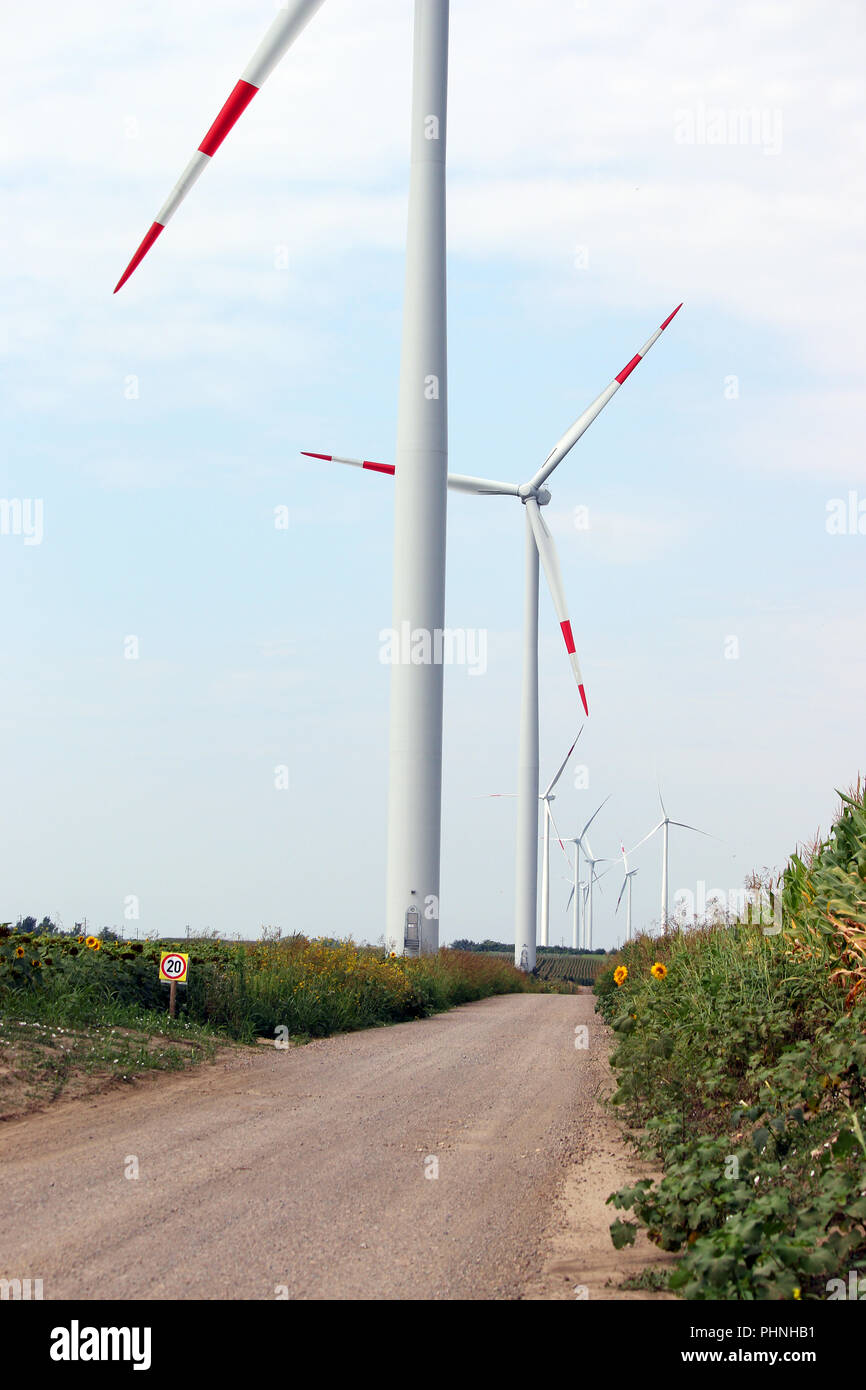 Les éoliennes par le country road Banque D'Images