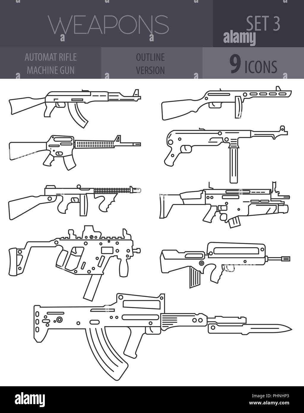 Ensemble d'armes à feu. Carabine automatique, mitrailleuse. Contours version linéaire. Vector illustration Illustration de Vecteur