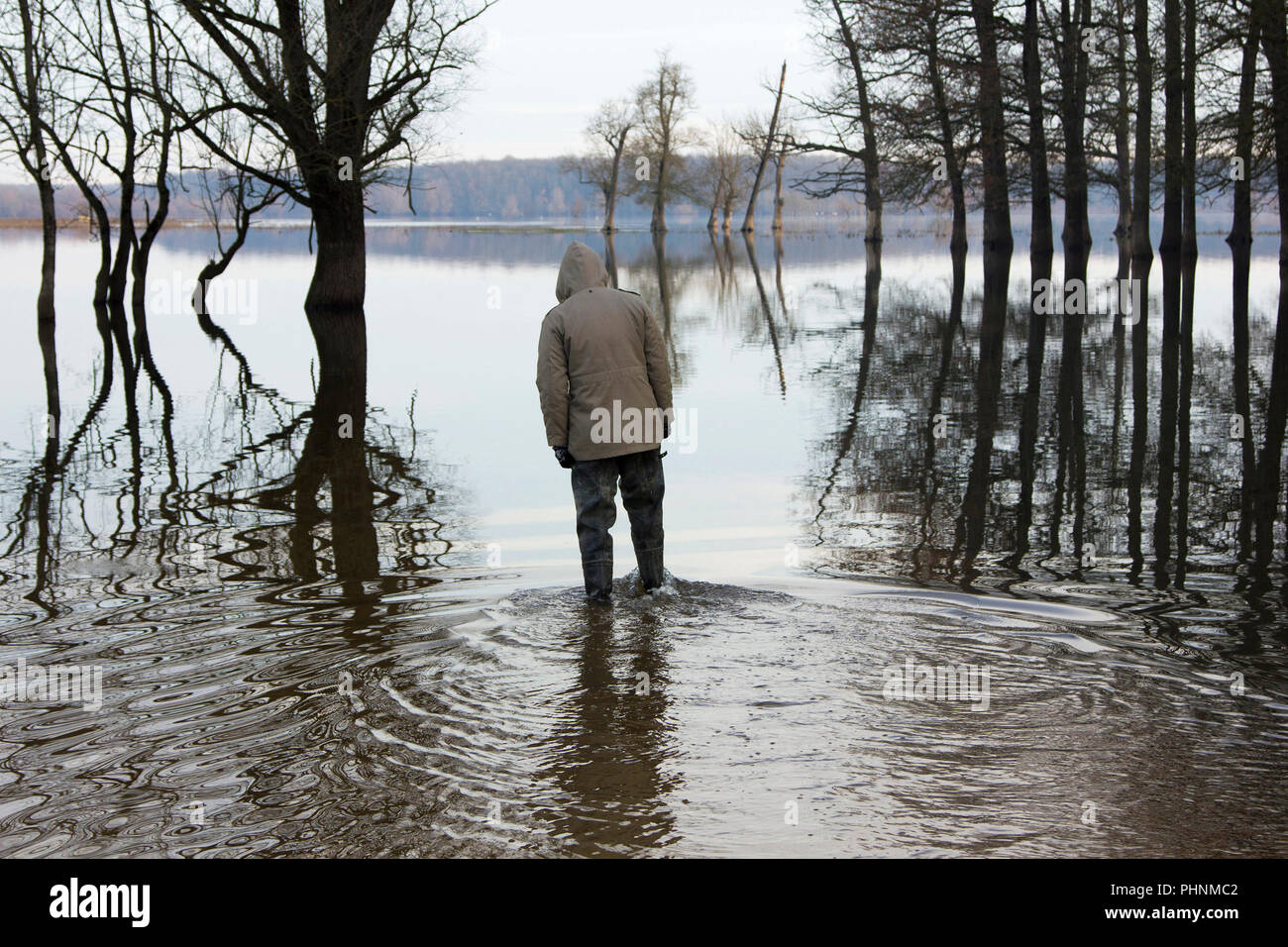 Veste homme debout dans l'eau sur le rivage, à distance sur le lac de Banque D'Images