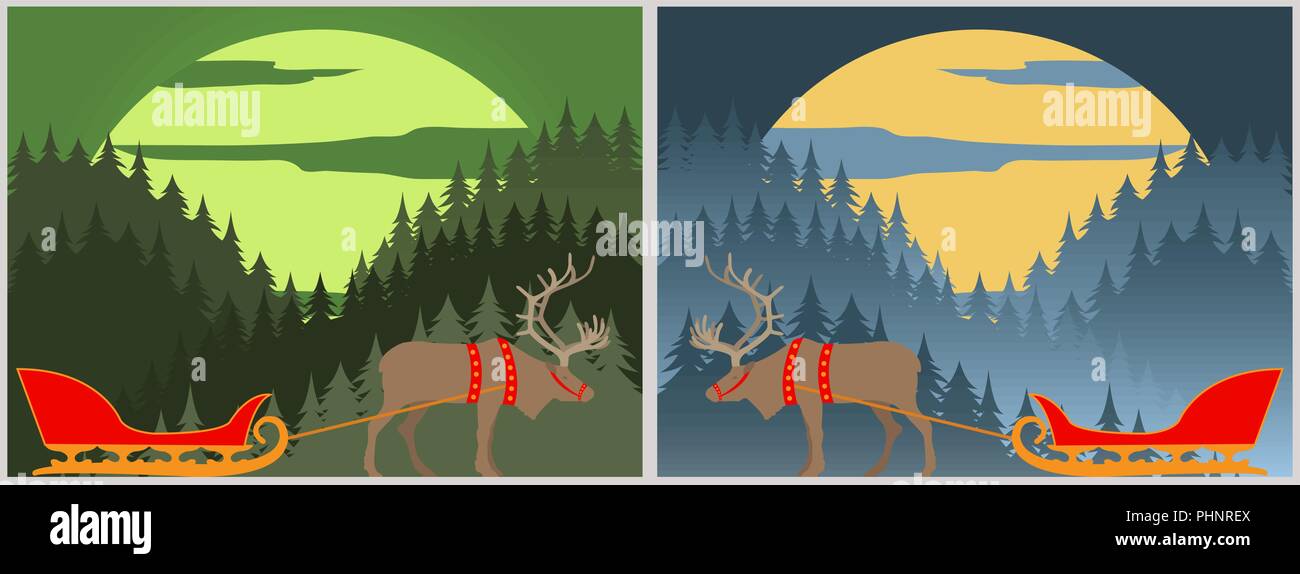 Le traîneau du Père Noël avec les rennes. La Laponie. Paysage de forêt d'hiver. Vector illustration Illustration de Vecteur