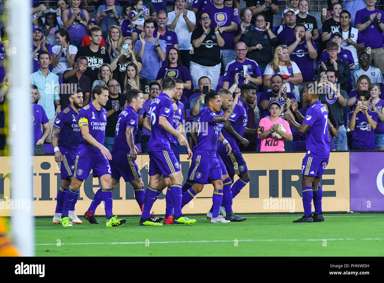 La Ville d'Orlando coéquipiers célèbrent but par Dom Dwyer (14) - Stade de la ville d'Orlando, 1 septembre 2018 Banque D'Images