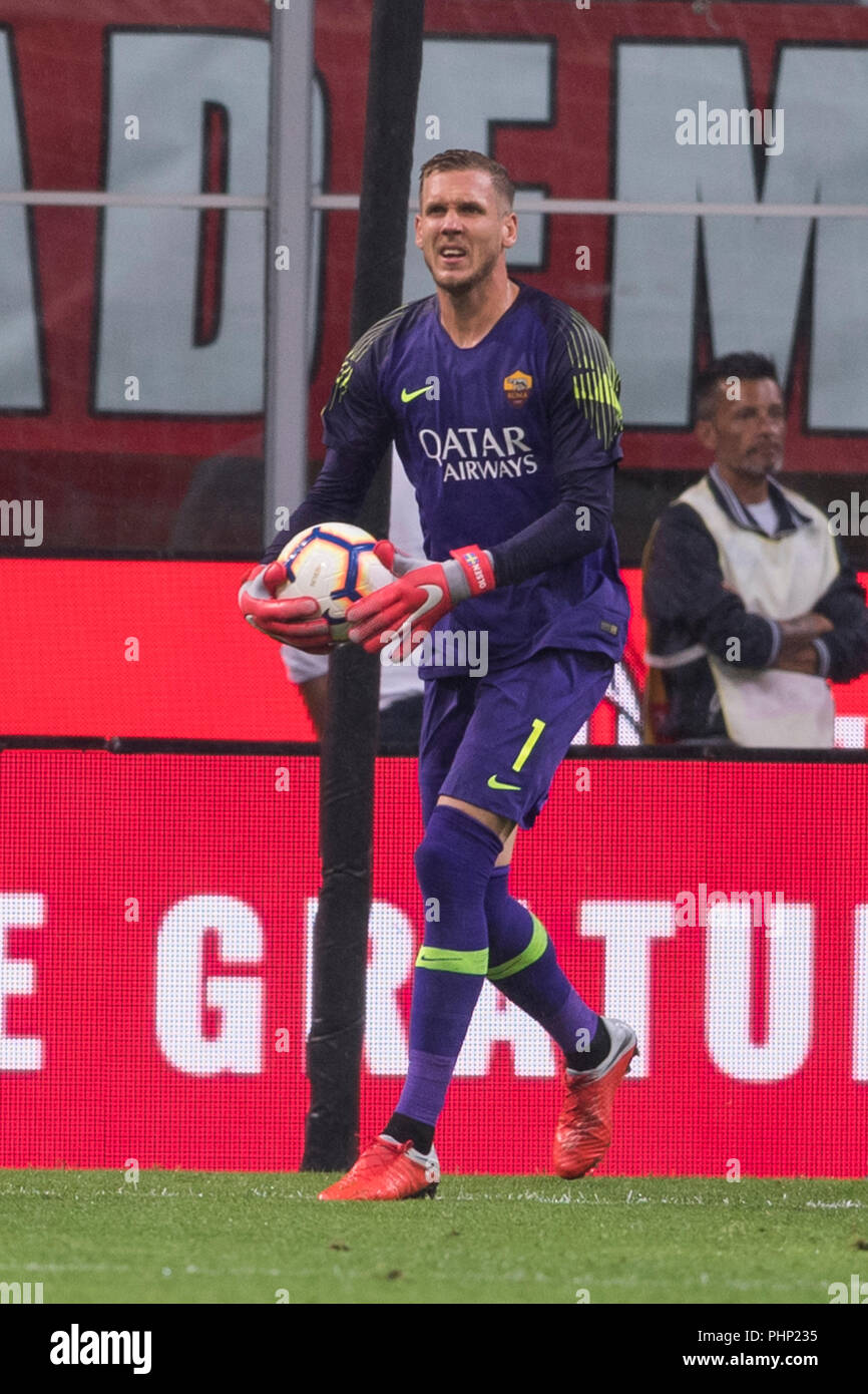 Robin Patrick Olsen (Roma) au cours de l'Italien 'Serie' un match entre Milan 2-1 Roma à Giuseppe Meazza le 31 août 2018 à Milan, Italie. Credit : Maurizio Borsari/AFLO/Alamy Live News Banque D'Images