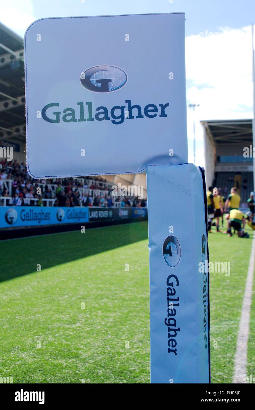 Newcastle sur Tyne, Royaume-Uni, le 2 septembre 2018. Une marque Rugby Premiership Gallagher corner flag à Kingston Park. Crédit : Colin Edwards/Alamy Live News. Banque D'Images