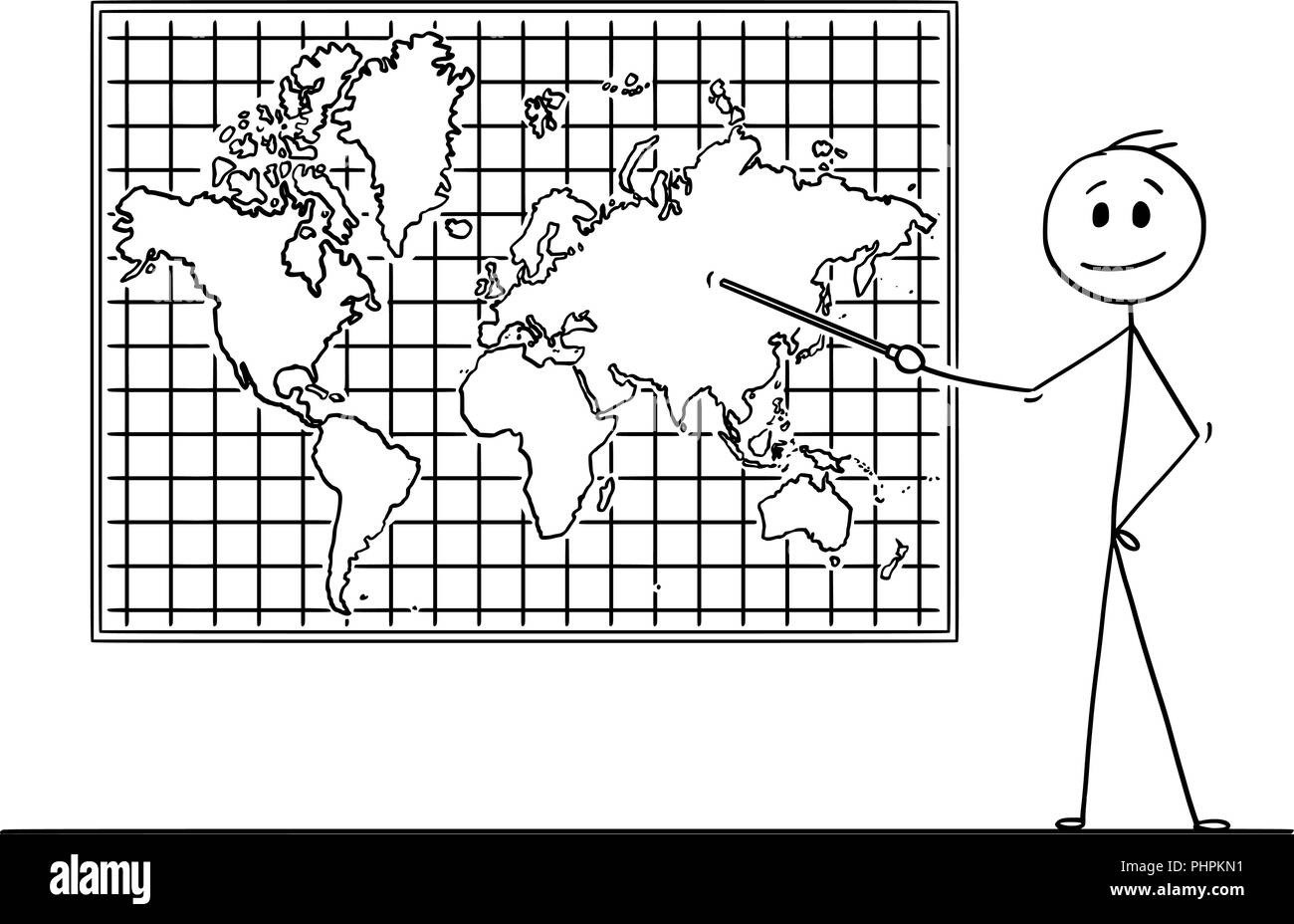 Caricature de l'homme pointant à l'Asie Continent sur la carte du monde murale Illustration de Vecteur