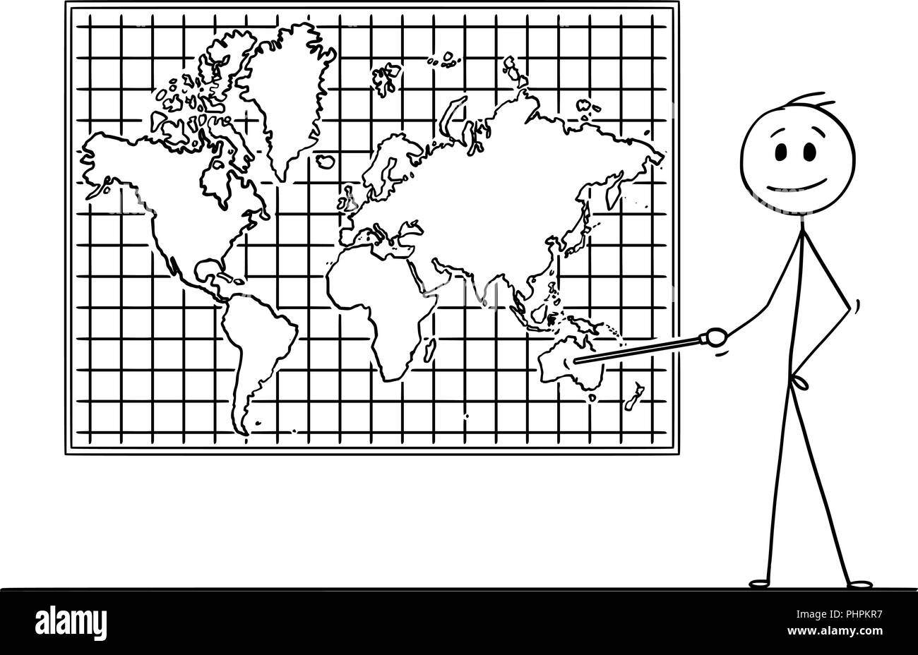 Caricature de l'homme pointant à l'Australie Continent sur la carte du monde murale Illustration de Vecteur